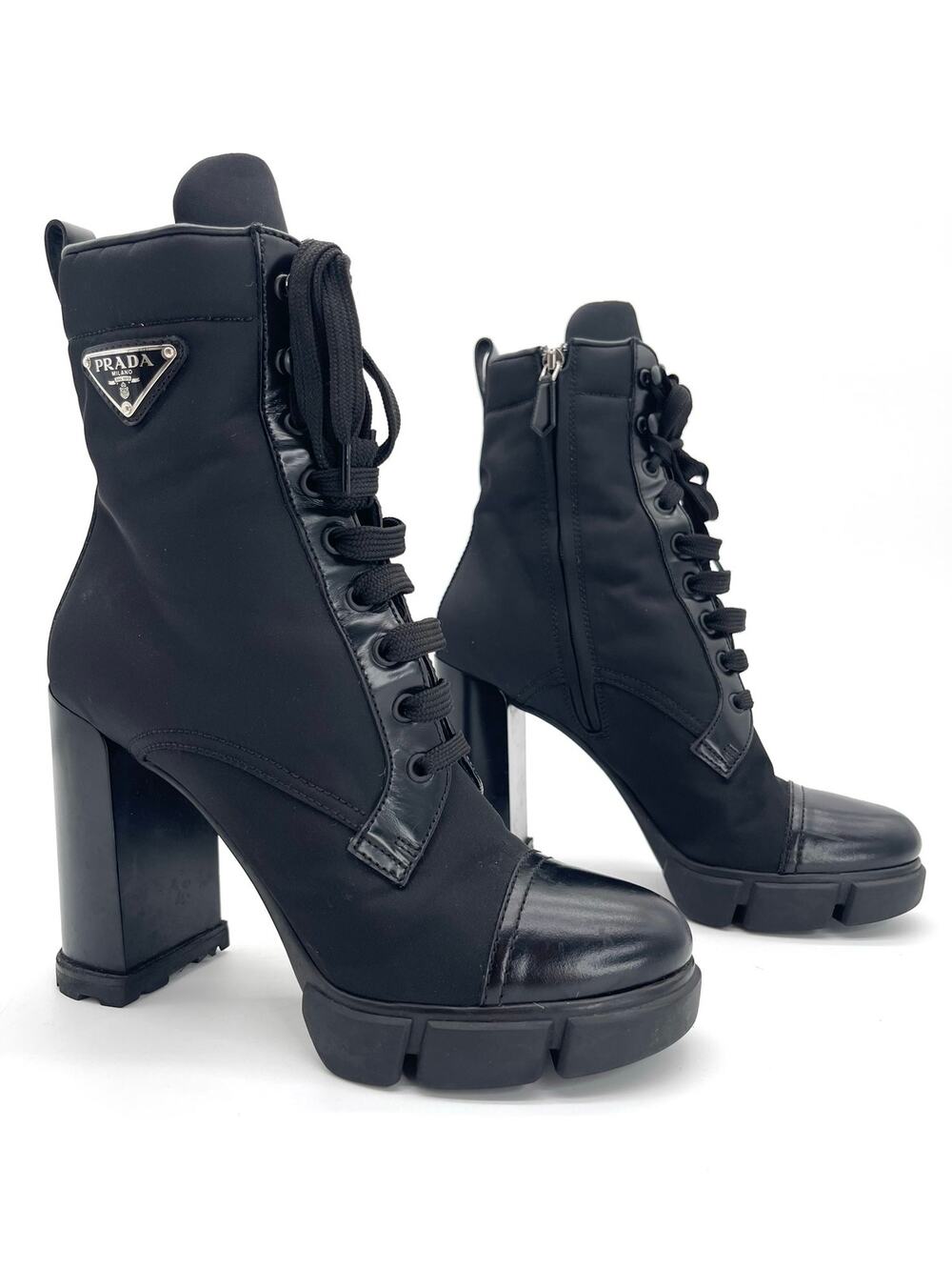 Prada Black Spazzolato Leather Re-Nylon Triangle Logo Lug Sole Ankle Boots IT 40